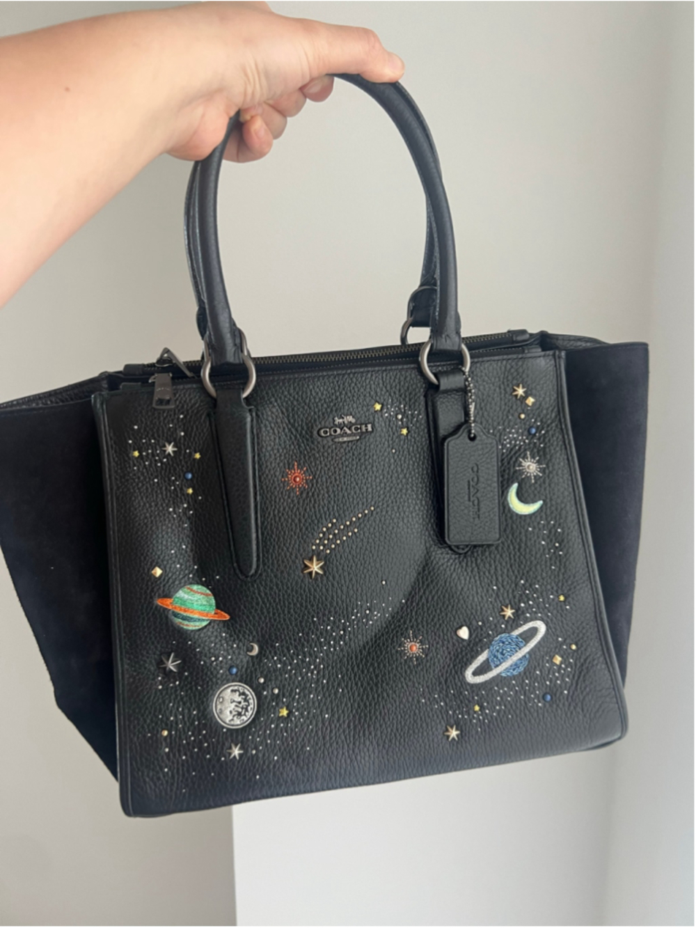 RARE Coach NASA Crosby Satchel F2811 Black Leather Space Planet Embroidery Stars